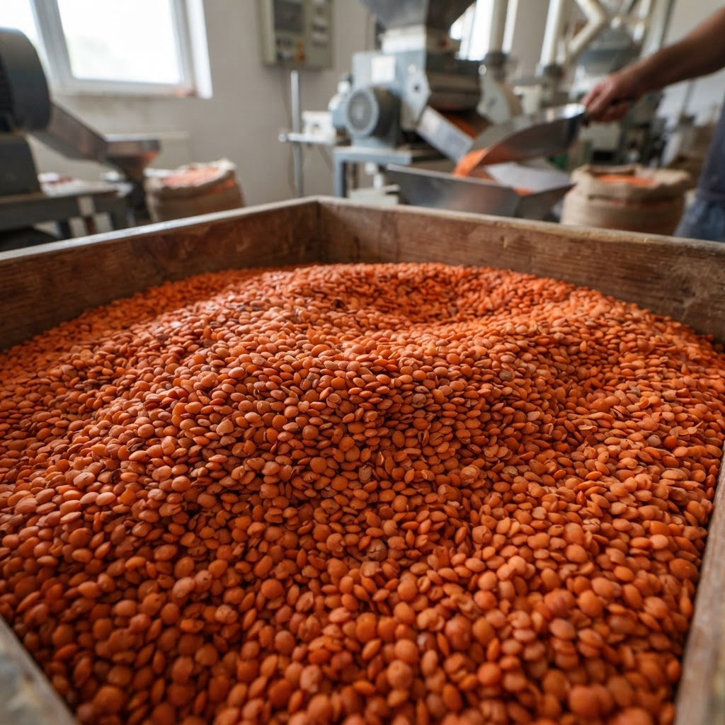 Vertical form fill seal (VFFS) machine packing lentils into pouches