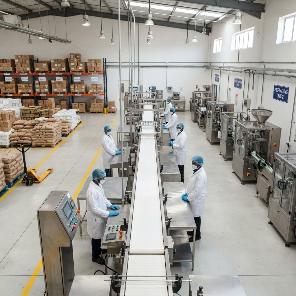 Modern food processing facility interior with stainless steel machinery